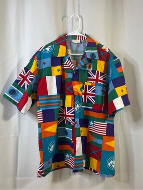 Vintage Gottex Short sleeve button Worlds Flag All Over Design 2XL single Stitch